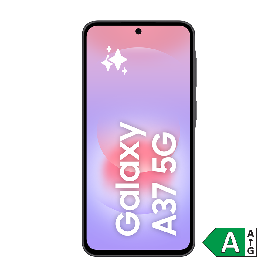 Samsung Galaxy A37 5G smartphone med lyserød og lilla baggrund på skærmen og energimærke A