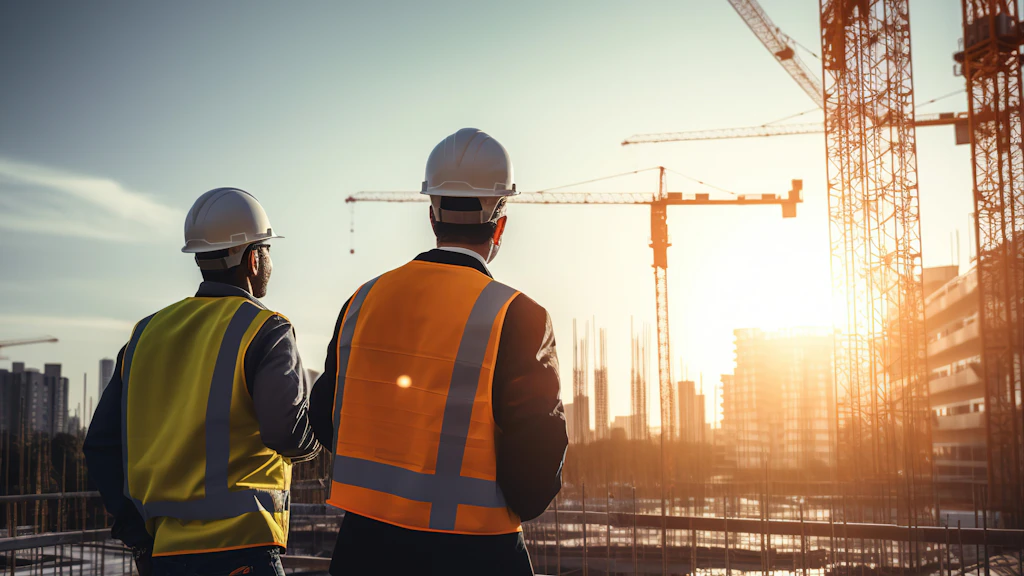 To bygningsarbejdere med hjelme og sikkerhedsveste betragter byggeplads med kraner i solnedgangen.