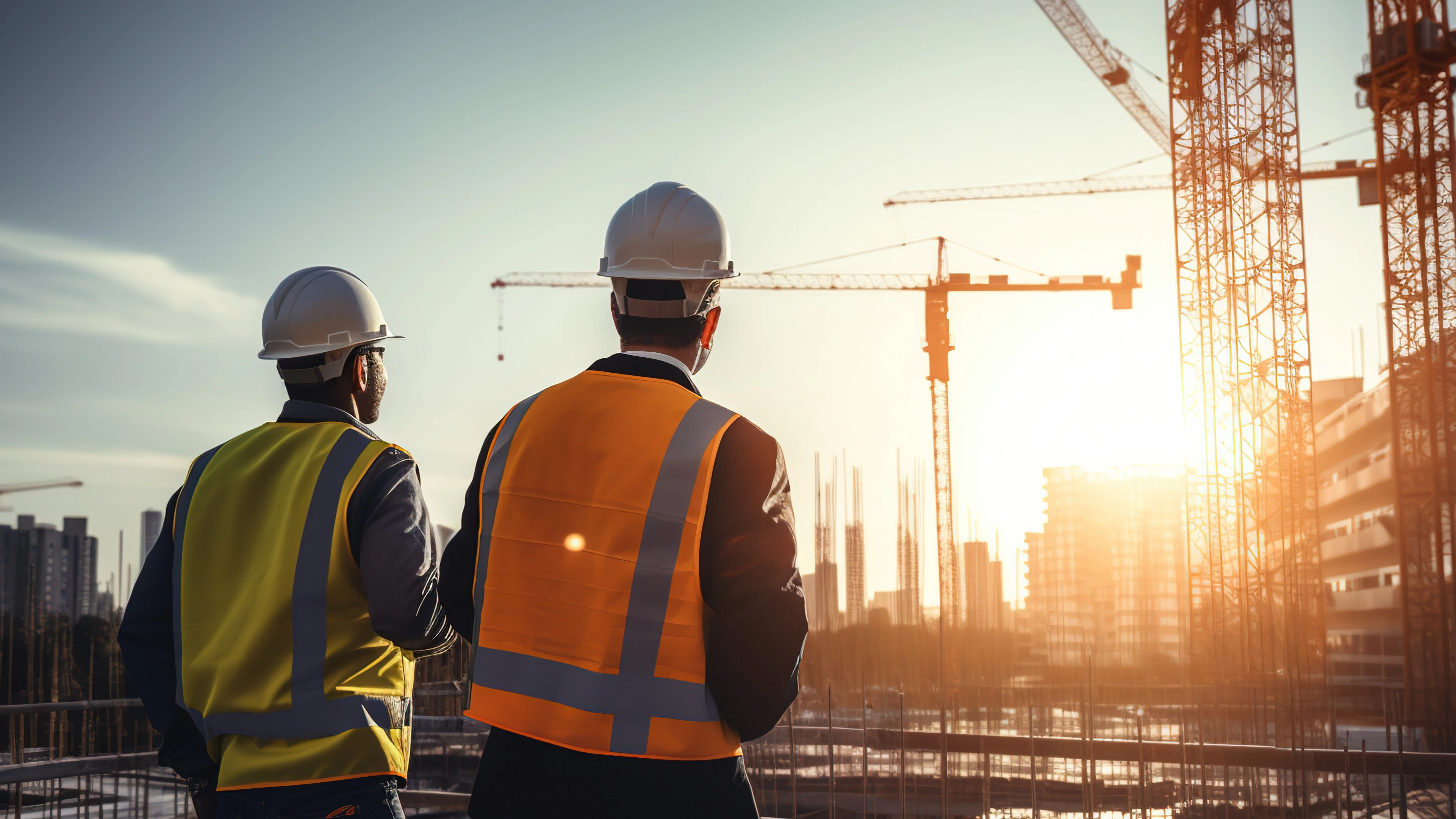 To bygningsarbejdere med hjelme og sikkerhedsveste betragter byggeplads med kraner i solnedgangen.