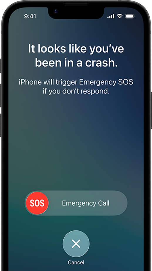 iPhone-skærm med ulykkesregistrering, der viser "It looks like you've been in a crash" og nødopkaldsmuligheder.