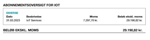Billedet viser en fakturaspecifikation for IOT Services.