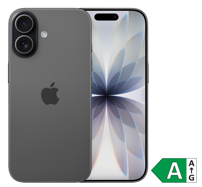 Grå iPhone med dobbelt kamera og blomsterlignende baggrundsbillede på skærmen. Energimærke A vises i hjørnet.