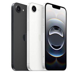 Produktbilleder af iPhone 16e i sort og hvid