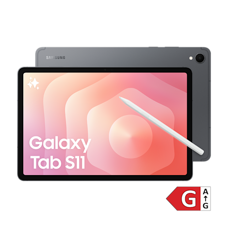 Samsung Galaxy Tab S11 tablet i mørkegrå farve med S Pen-stylus og lyserød skærm, der viser produktnavnet. Med energimærke G