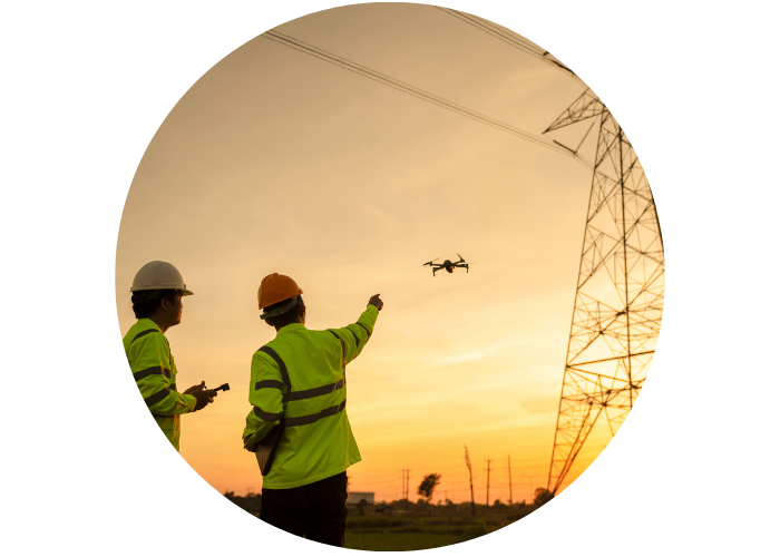 To arbejdere der står foran en mast og peget på en drone