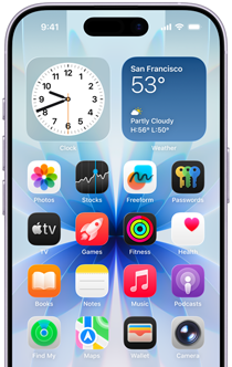 iPhone-skærm med ur, vejr-widget der viser 5° i San Francisco, og forskellige app-ikoner på blå baggrund.