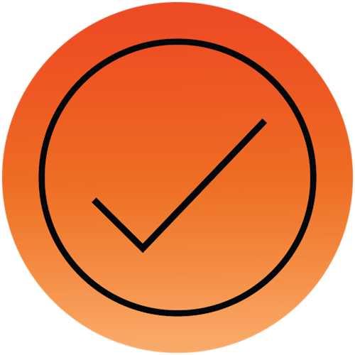 Et orange cirkelikon med en sort hak i midten, der symboliserer godkendelse eller bekræftelse.