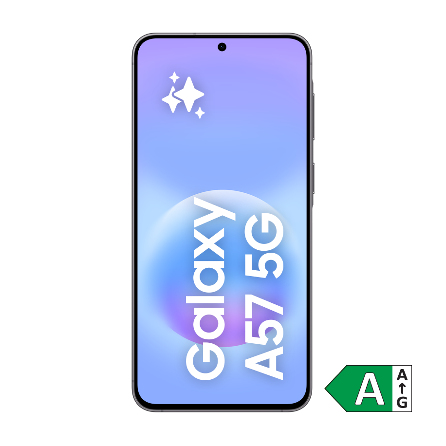 Samsung Galaxy A57 5G smartphone med lilla baggrund og energimærke A på skærmen.
