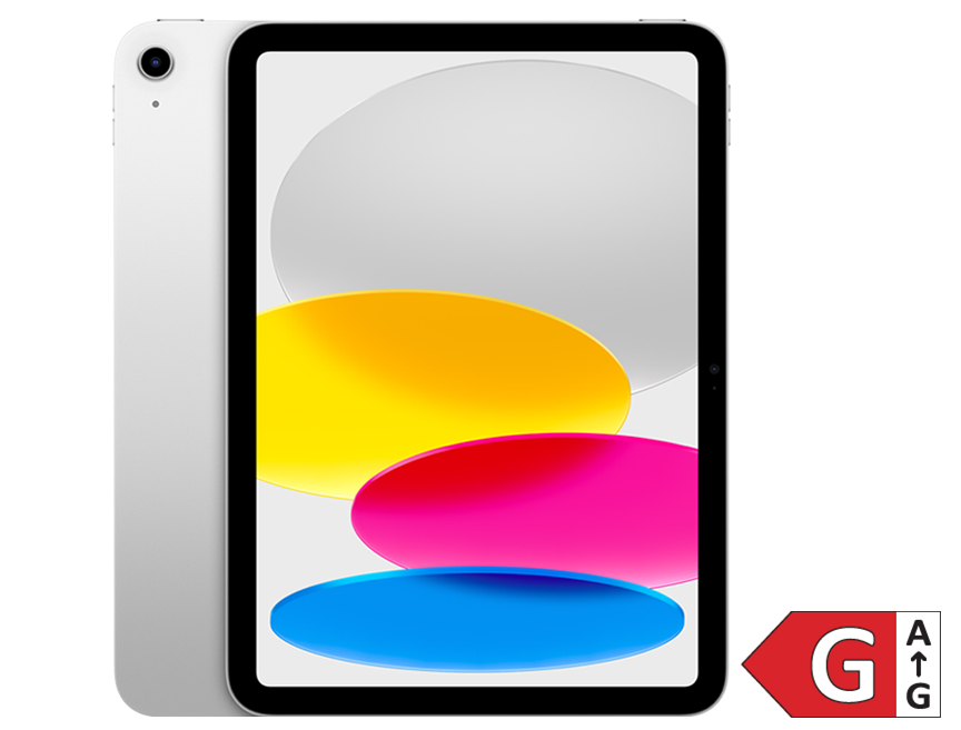 iPad Pro med sort skærm og farverige lysende former. Energimærke G vises i hjørnet.