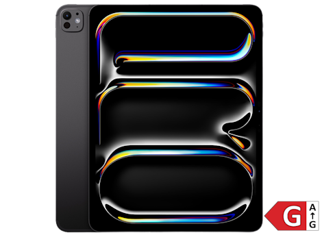 iPad Pro med sort skærm og farverige lysende former. Energimærke G vises i hjørnet.