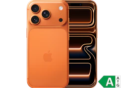Orange iPhone med tre kameraer ved siden af abstrakt baggrund med gyldne linjer. Energimærke A vises i hjørnet.