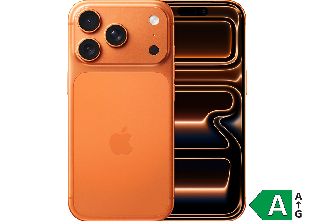 Orange iPhone med tre kameraer ved siden af abstrakt baggrund med gyldne linjer. Energimærke A vises i hjørnet.