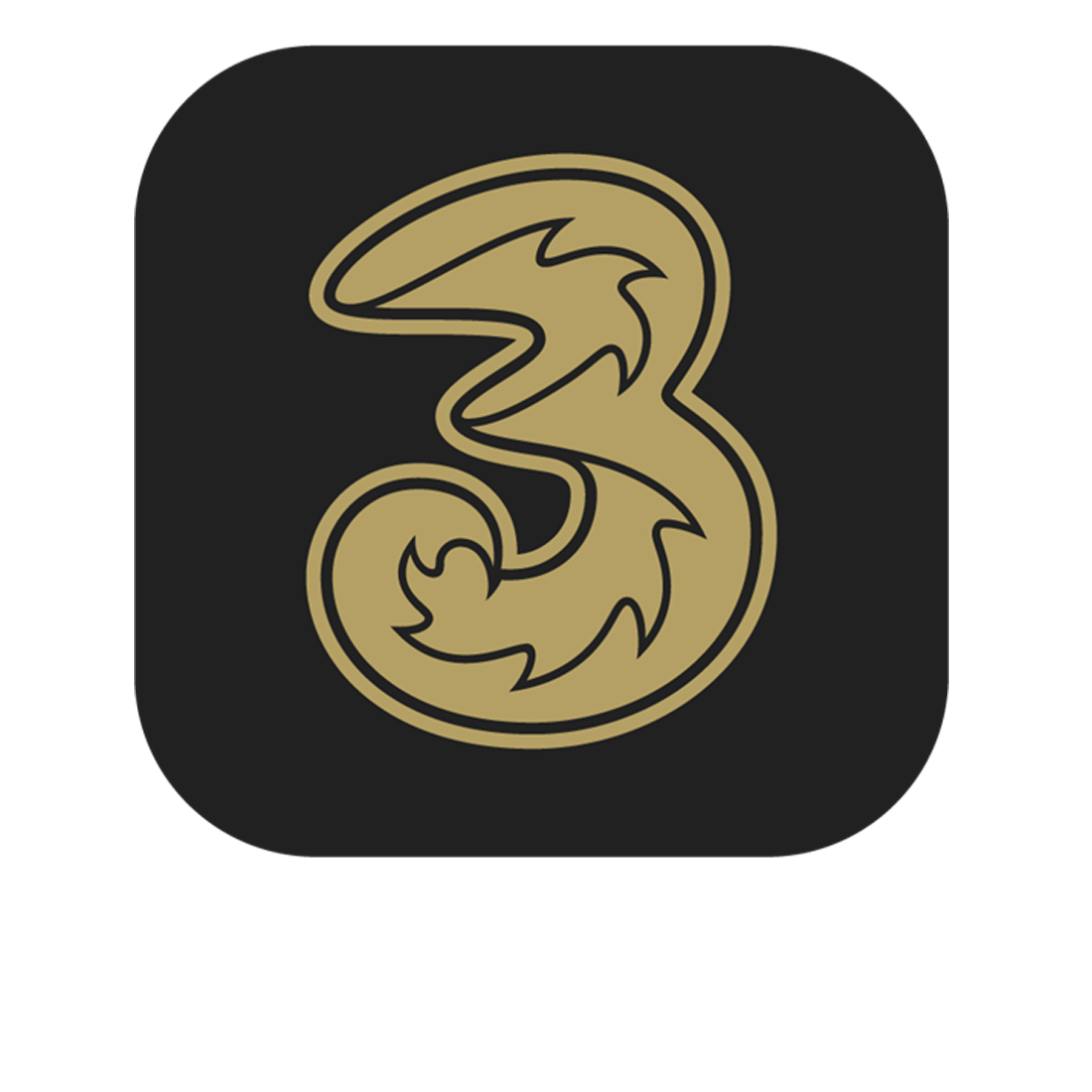 3 logo'et i Guld, centret i en sort firkant med rundende kanter 