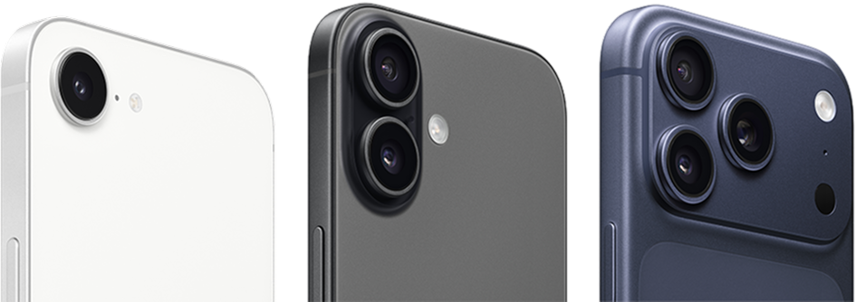 Tre iPhone-modeller vist side om side i hvid, sort og mørkeblå farve med forskellige kameraopsætninger.