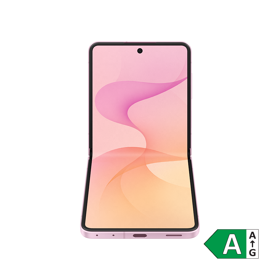 Pink Samsung Galaxy Z Flip foldbar smartphone set forfra med energimærke A på hvid baggrund.