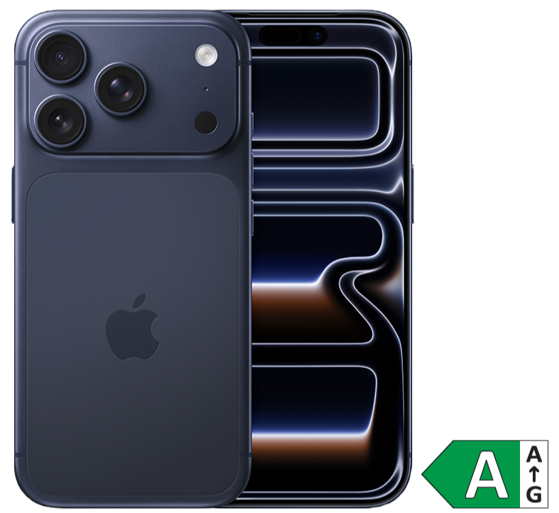 Mørkeblå iPhone med tre kameralinser og Apple-logo. Skærmen viser abstrakt lysende mønster. Energimærke A vises i hjørnet.