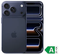 Mørkeblå iPhone med tre kameralinser og Apple-logo. Skærmen viser abstrakt lysende mønster. Energimærke A vises i hjørnet.