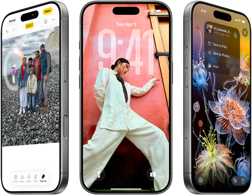 Tre iPhone-skærme viser billedredigering, en låseskærm med klokkeslæt og en person, og en menu med havbilleder.