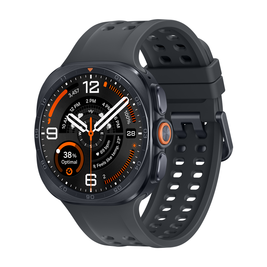 Mørkegrå smartwatch med sportsrem og farverigt urskive med orange detaljer, der viser tid, puls og vejrdata.