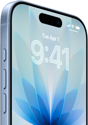 En iPhone med blå baggrund på skærmen, der viser klokken 9:41 og datoen tirsdag den 1. april.