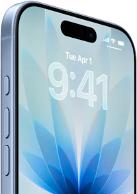 En iPhone med blå baggrund på skærmen, der viser klokken 9:41 og datoen tirsdag den 1. april.