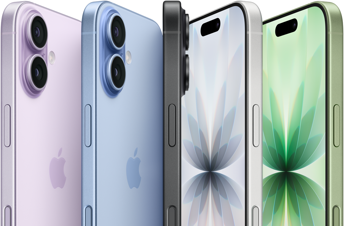 Fire iPhone 17-modeller vist fra bag- og forsiden i lilla, blå, sort og grøn farve med blomsterlignende skærmmotiver.