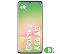 Samsung Galaxy A56 5G smartphone med grøn-rosa gradient skærm og energimærke B