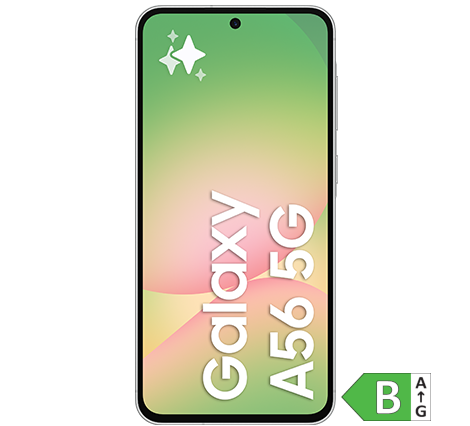 Samsung Galaxy A56 5G smartphone med grøn-rosa gradient skærm og energimærke B