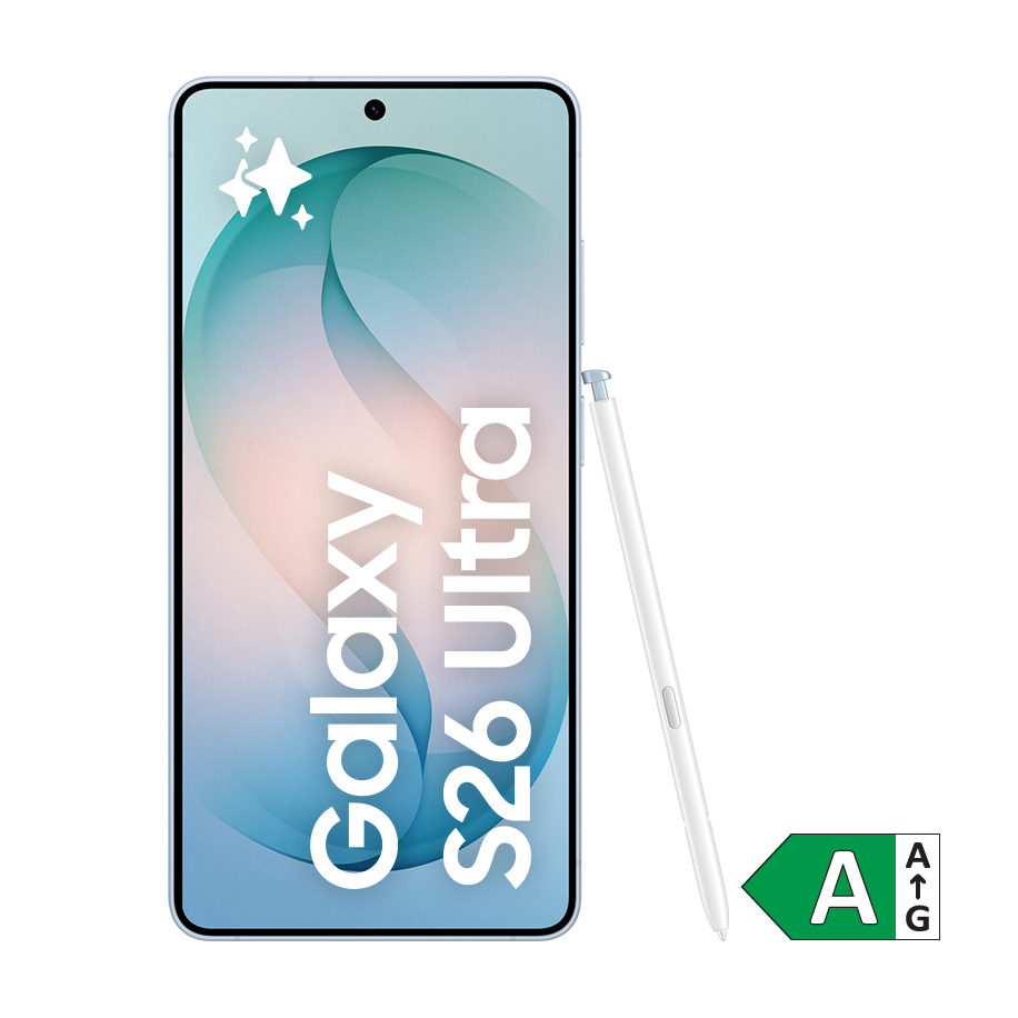 Samsung S26 Ultra Smartphone med elegant blå-rosa baggrundsbillede og energimærke A vist på skærmen