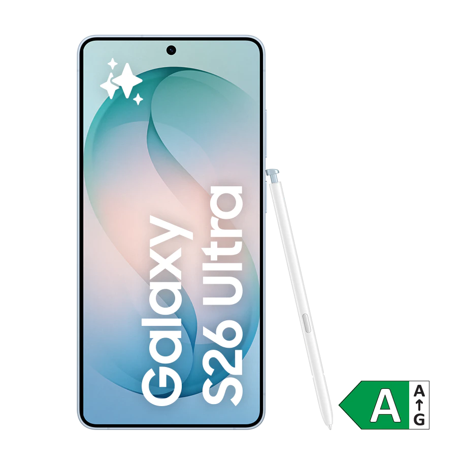 Samsung S26 Ultra Smartphone med elegant blå-rosa baggrundsbillede og energimærke A vist på skærmen