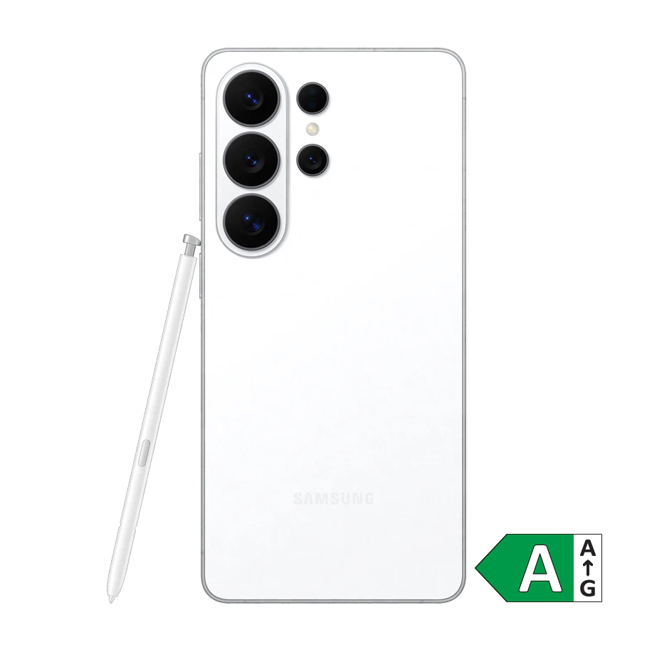 Hvid Samsung S26 Ultra smartphone med S Pen og tredobbelt kamera. Energimærke A vises i hjørnet.