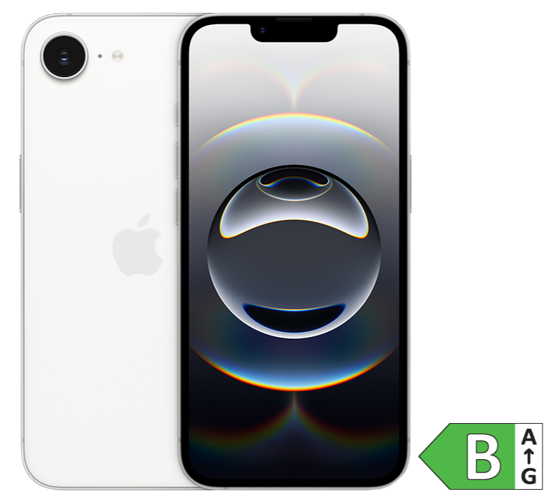 Hvid iPhone med abstrakt sfærisk skærmbillede og energimærke B, set fra for- og bagside.