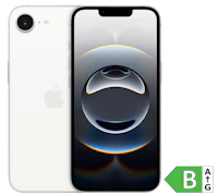 Hvid iPhone med abstrakt sfærisk skærmbillede og energimærke B, set fra for- og bagside.