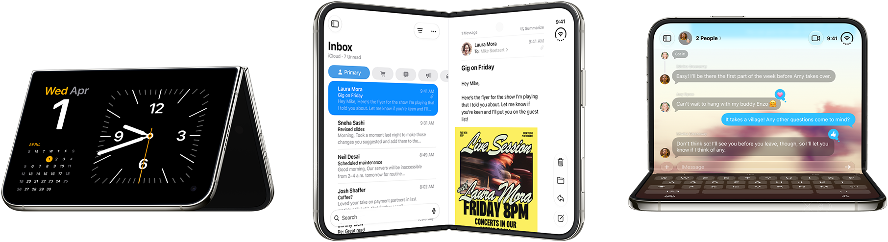 Tre foldbare iPhone Duo - viser ur med kalender, indbakke med e-mails og en beskedtråd med farverig baggrund.