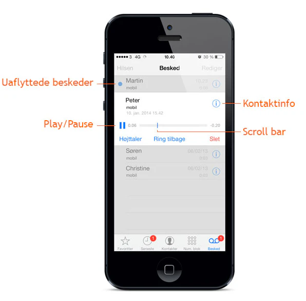 Besked "Uaflyttede beskeder - Play / Pause - Kontaktinfo - Scroll bar"