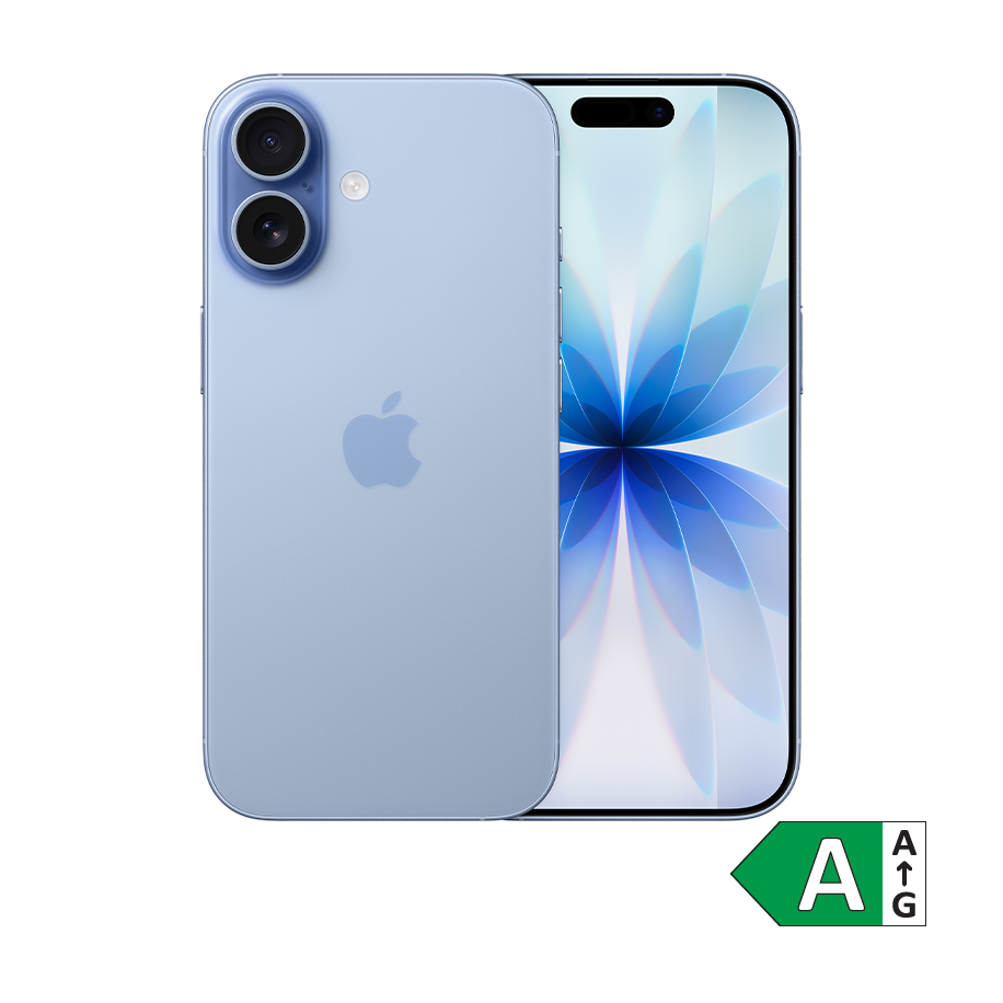 Lyseblå iPhone 17 med dobbelt kamera og blomstermotiv på skærmen. Energimærke A vises i hjørnet.