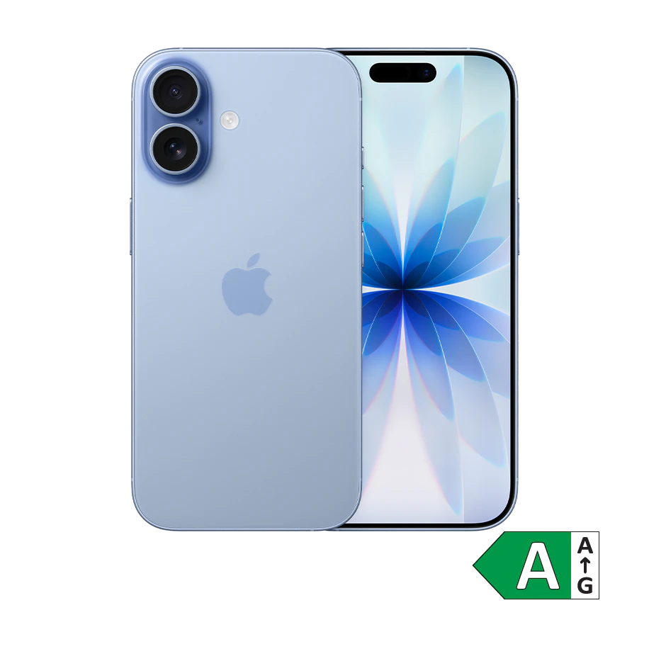 Lyseblå iPhone 17 med dobbelt kamera og blomstermotiv på skærmen. Energimærke A vises i hjørnet.