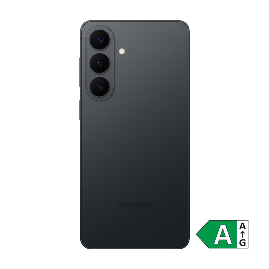 Sort Samsung S26 Plus smartphone set bagfra med tre kameralinser og energimærke A i hjørnet