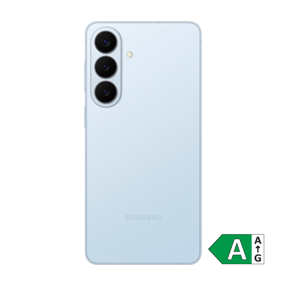 Lyseblå Samsung S26 Plus smartphone med tre kameraer i venstre side og et energimærke A i nederste højre hjørne.