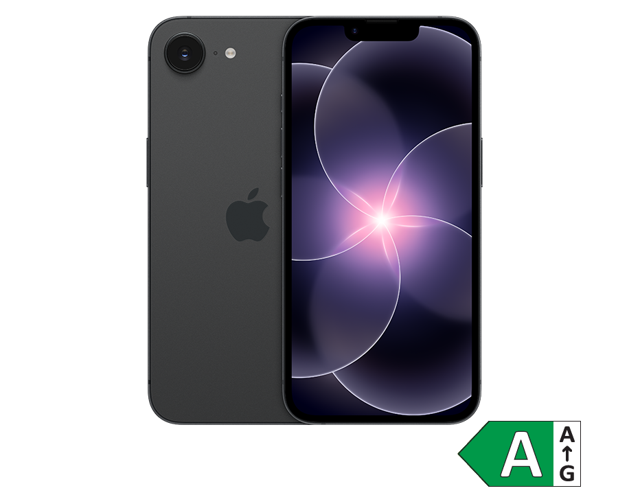 Sort iPhone set forfra og bagfra med energimærke A. Skærmen viser et lilla og pink abstrakt tapet.
