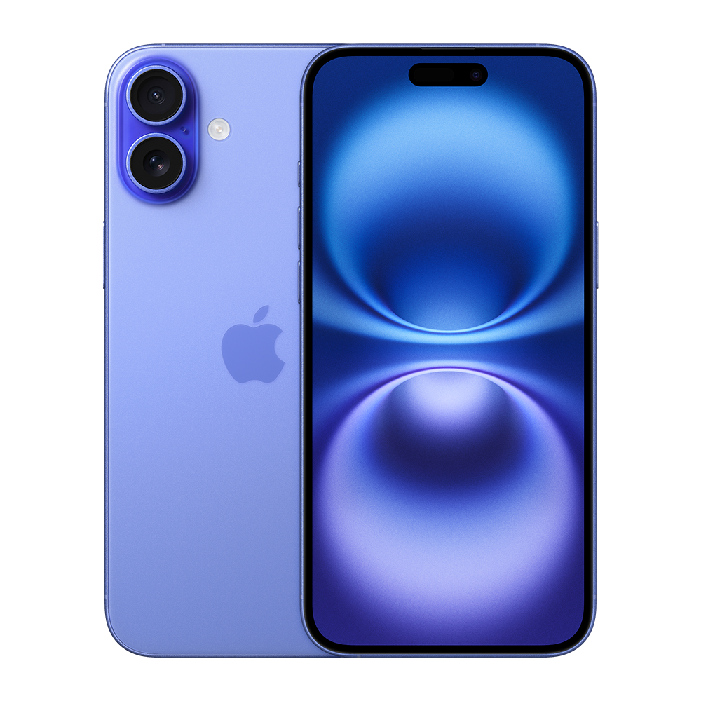 iPhone 16 i nuancen ultramarine. Mobilen er vist med både bagsiden af kamera systemet og forsiden med skærm design der matcher sin nuance
