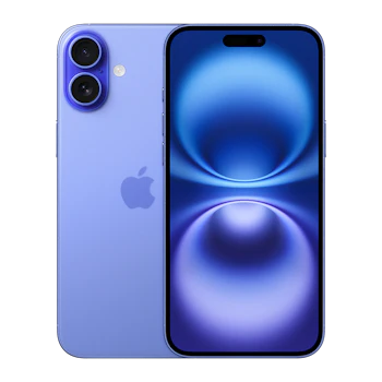 iPhone 16 i nuancen ultramarine. Mobilen er vist med både bagsiden af kamera systemet og forsiden med skærm design der matcher sin nuance