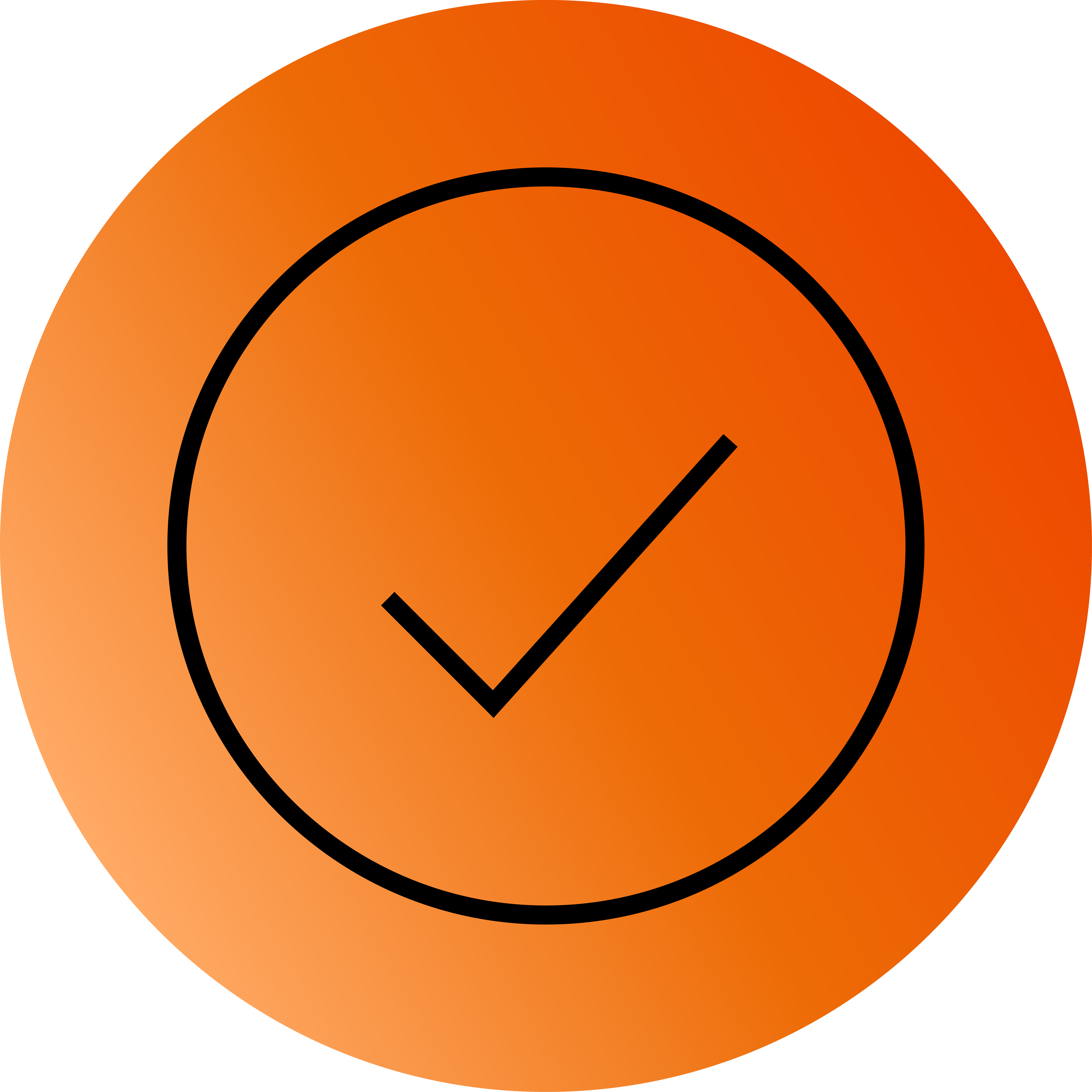 Orange cirkel med sort afkrydsnings-symbol i midten, der indikerer bekræftelse eller fuldførelse.