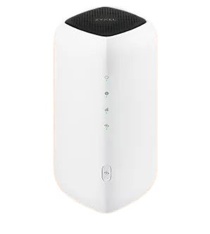 Hvid cylinderformet router eller modem med sort top og små lysdioder på forsiden.