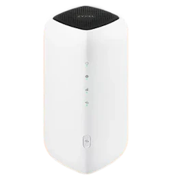 Hvid cylinderformet router eller modem med sort top og små lysdioder på forsiden.