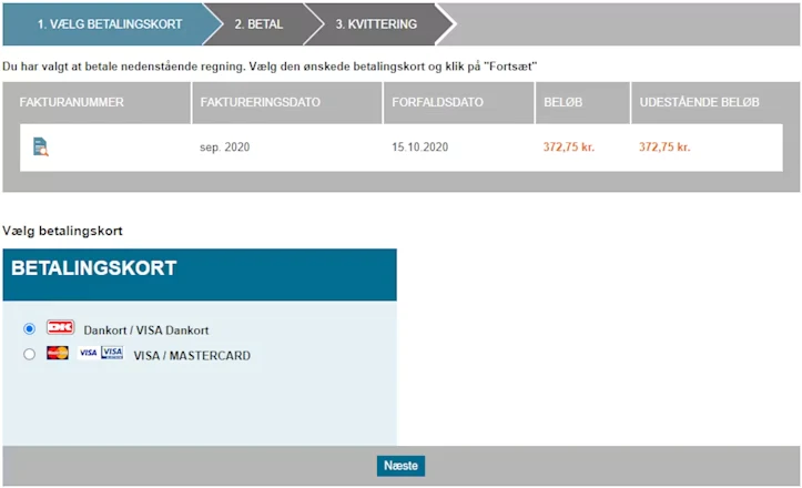 3Business selvbetjening "Vælg betalingskort"