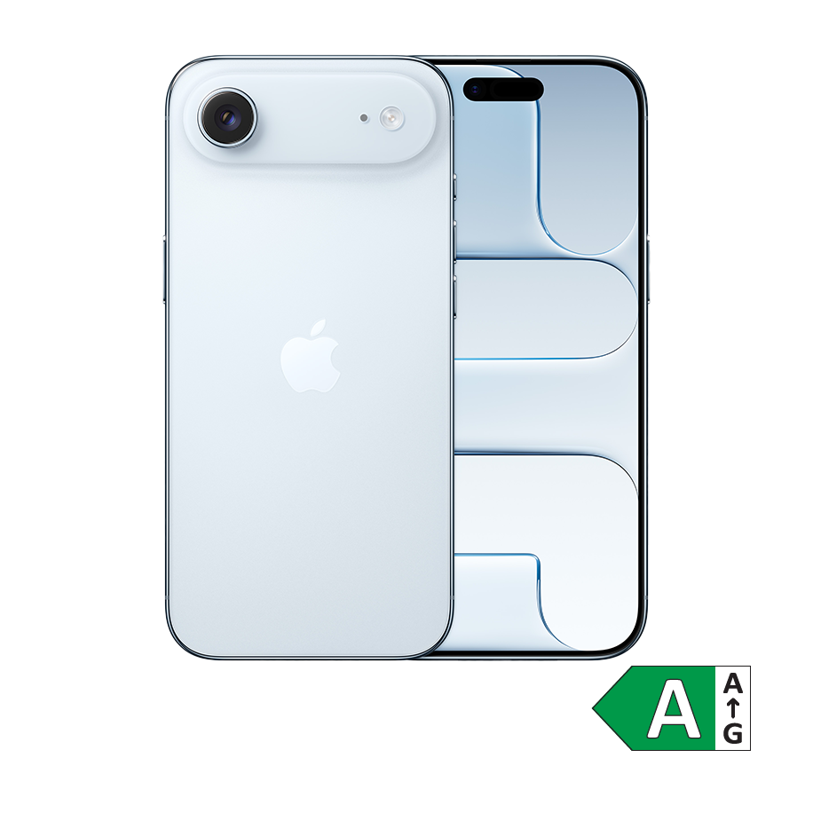 Lyseblå iPhone Air med distinkt kameramodul, vist fra for- og bagside med Apple-logo og energimærke A i hjørnet.