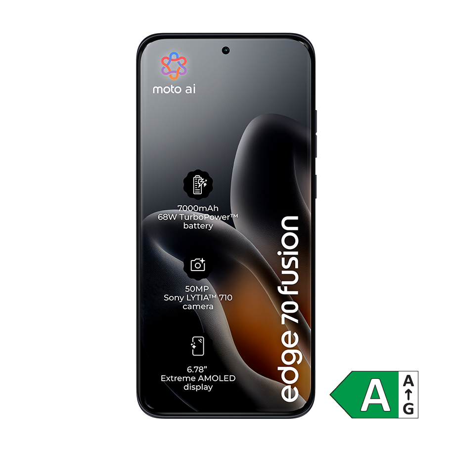 Motorola Edge 70 Fusion smartphone med 7000mAh batteri, 50MP kamera og 6,78" AMOLED-skærm, vist med energimærke A.