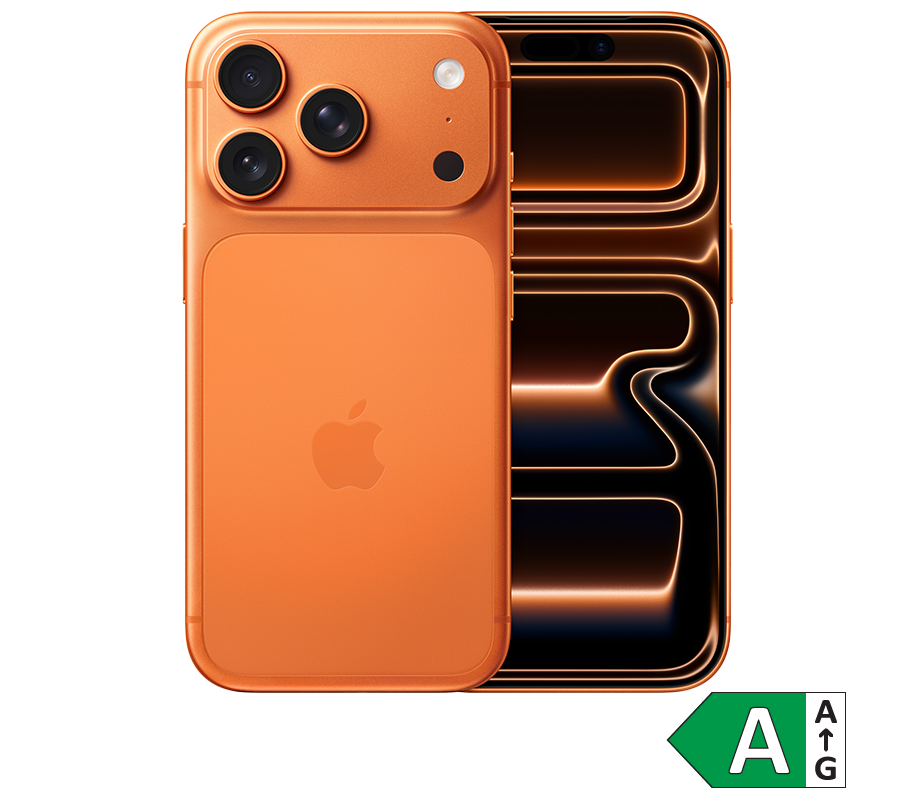 Orange iPhone set fra for- og bagside med tre kameraer og Apple-logo. Energimærke A i hjørnet.