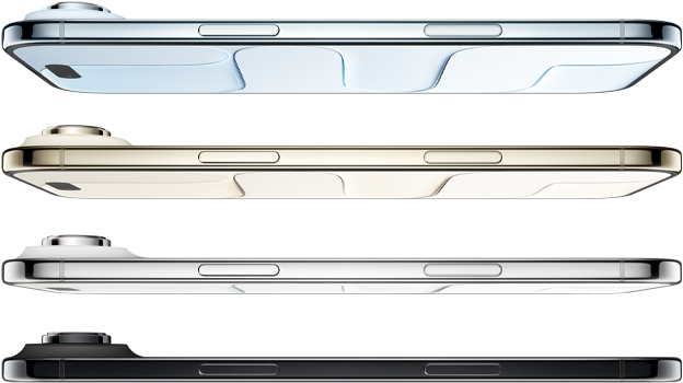 Sideprofiler af fire iphone iri forskellige farver: lyseblå, guld, sølv og sort, der viser deres tynde design og kameramoduler.